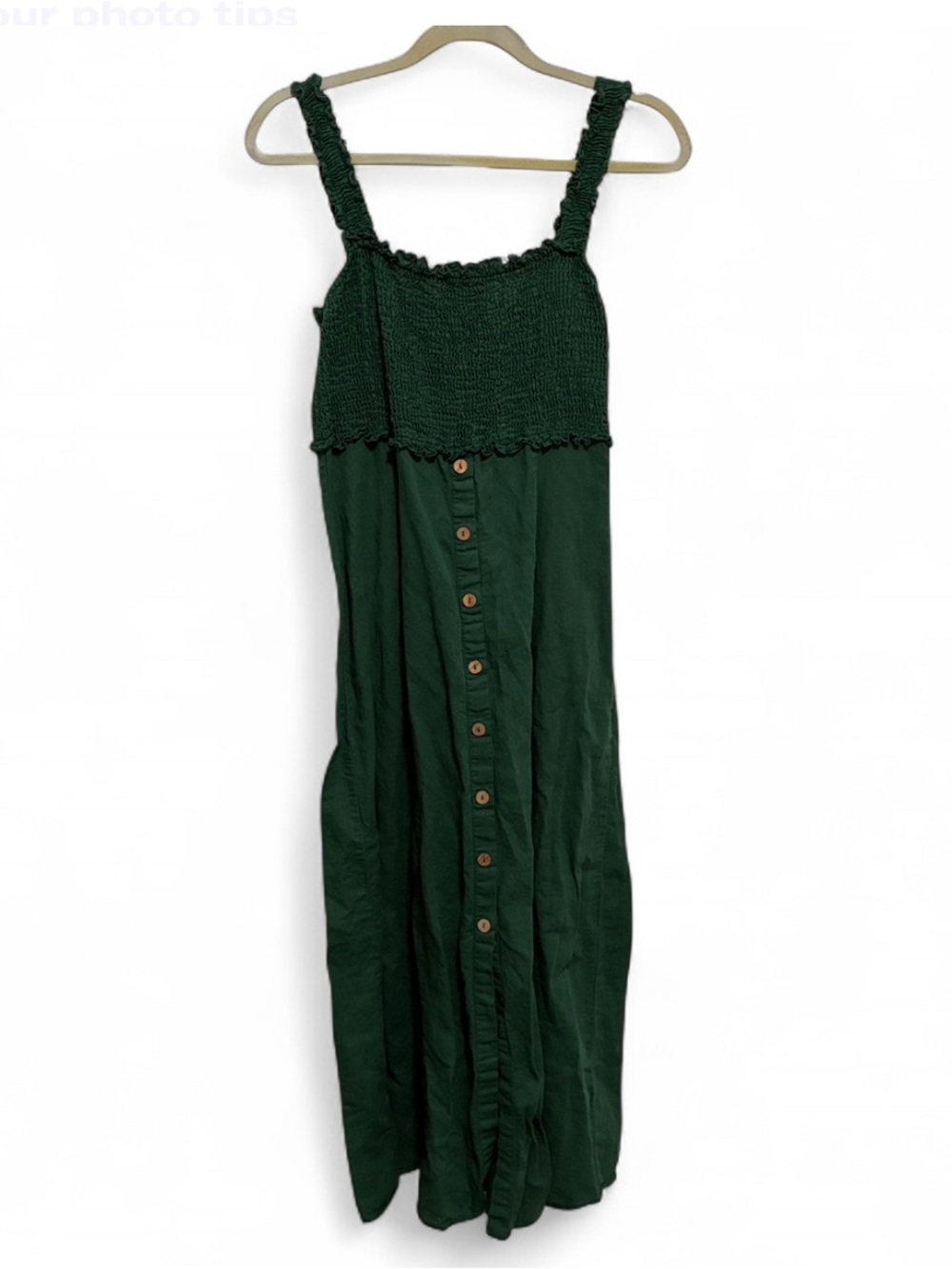 Zara Dark Green Smocked Faux Button-Front Sleeveless Boho Maxi Dress